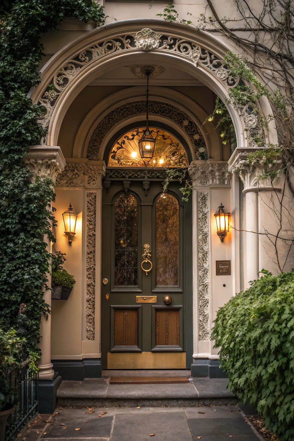 Decorative archway with a wooden door and ornate details, surrounded by greenery.