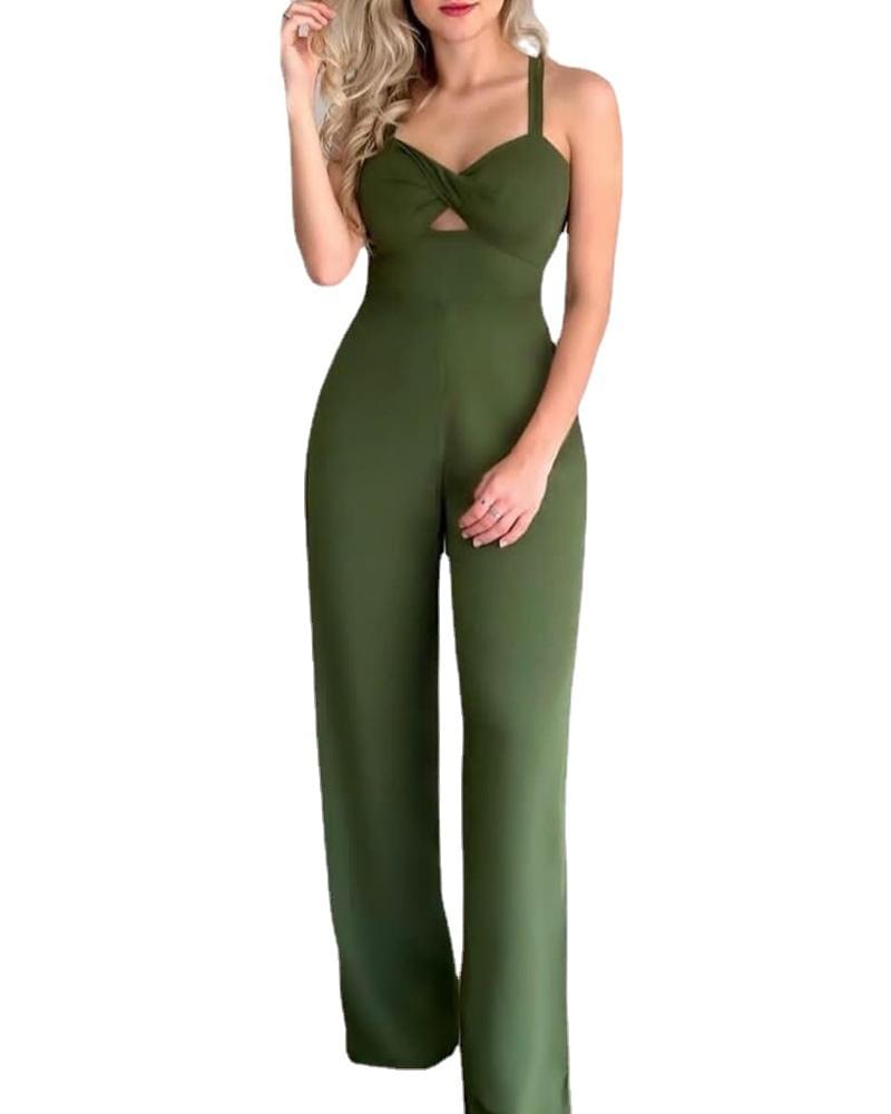 Green Hollowed Pull Up Jumpsuit.