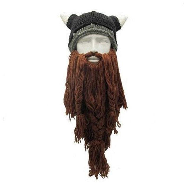 Viking Warrior's Beard: Men's Knitted Horn Hat Ski Mask.