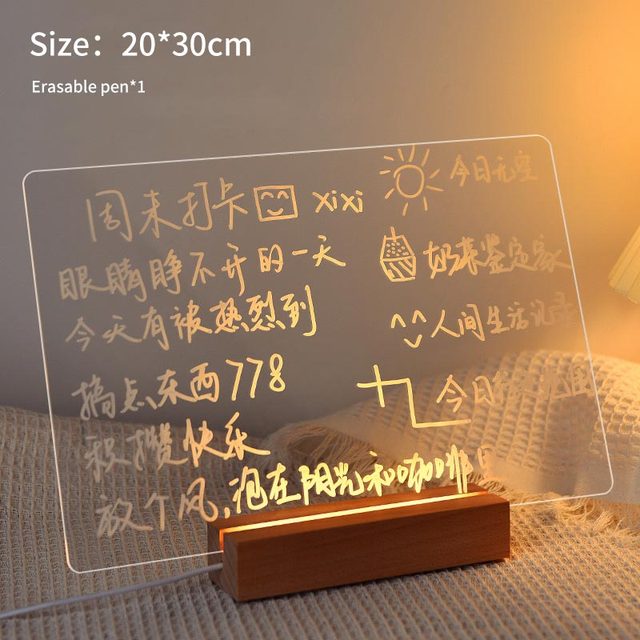 LED Note Board with a clear acrylic panel, glowing handwritten Chinese characters and a rectangular wooden base