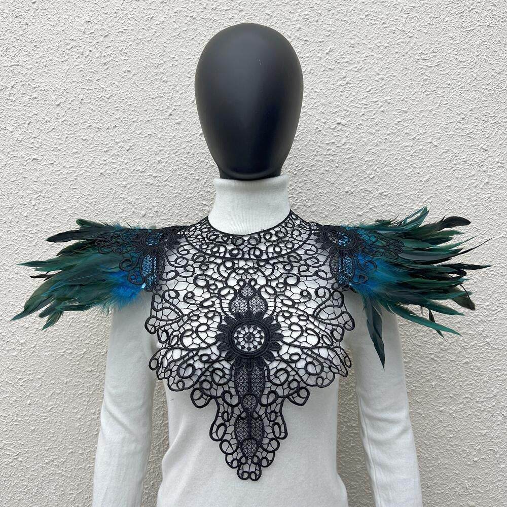 Lace Noir: Gothic Feather Shawl with Intricate Embroidery.