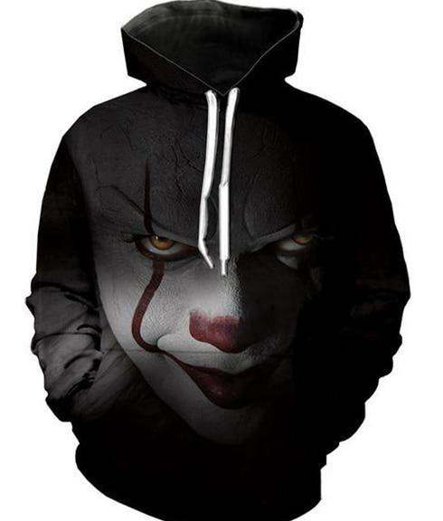 Pennywise Hoodie, black with white drawstrings and a large sinister clown face graphic across the front