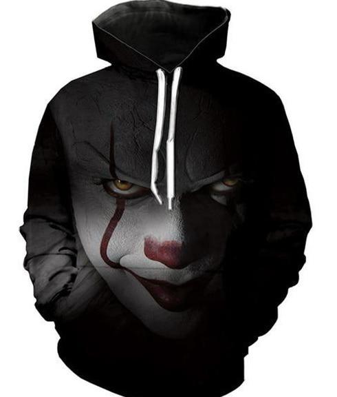 Pennywise Hoodie in black with white drawstrings and a large printed clown face featuring red accents on the front.