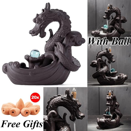 Lucky Dragon - Backflow Incense Burner w/ Crystal Ball + Incense Cones.