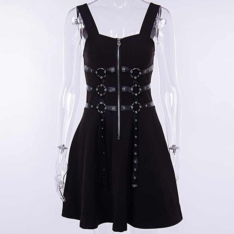 Grunge Harajuku Web Zipper Black Mini Dress.