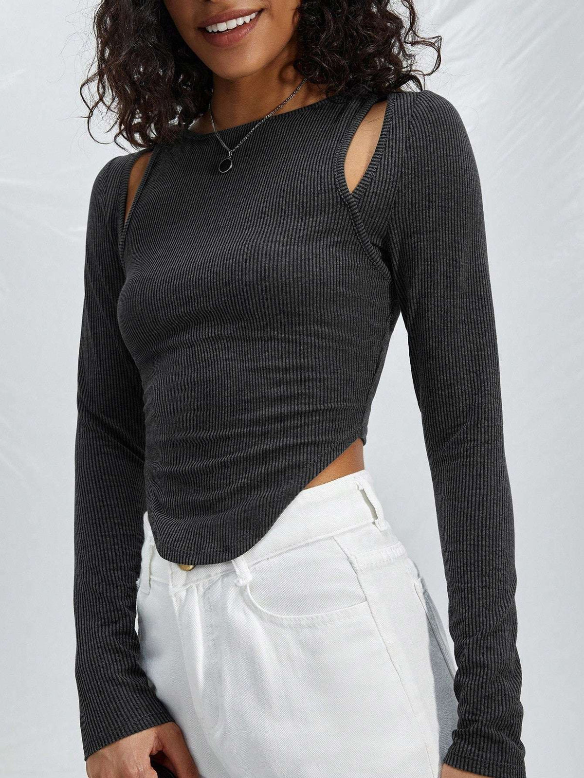 Chic Mystique Fashion Designer Cut Shirt Hollow Round Neck Knitted Long Sleeve Top.