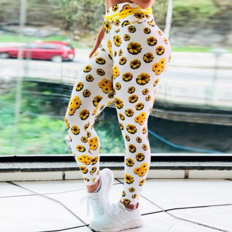 High Waist Breathable Workout Leggings Sunflower Design.