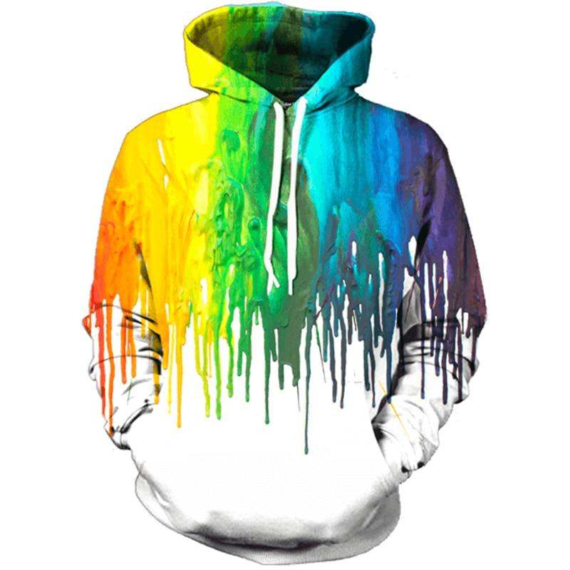 Rainbow Mindspill Hoodie with vivid multicolour paint-drip print, white drawstrings and front pouch pocket