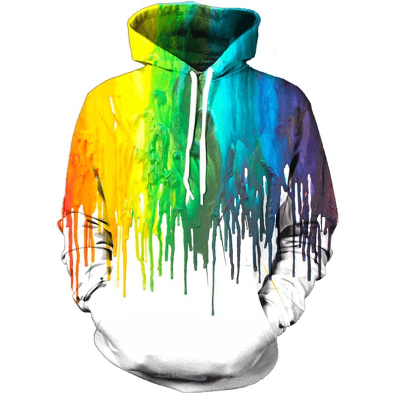 Rainbow Mindspill Hoodie in soft white fabric with vivid rainbow paint drips, a drawstring hood, and front kangaroo pocket.