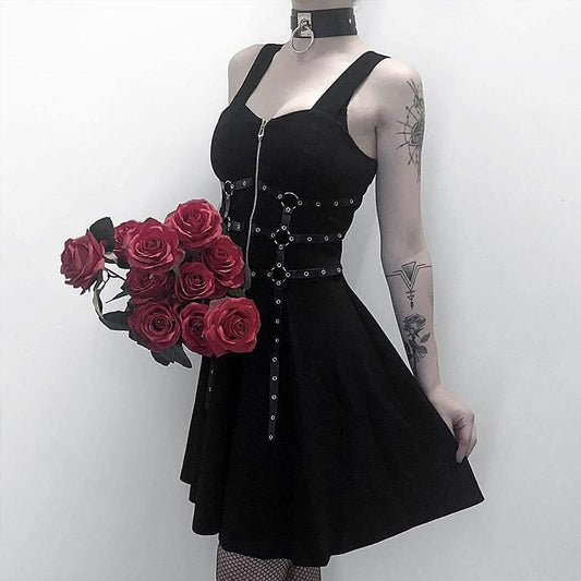 Grunge Harajuku Web Zipper Black Mini Dress.