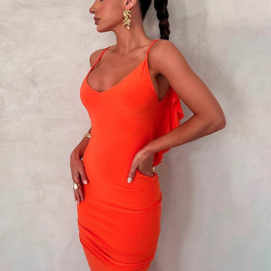 Open Back V-Neck Hip Strap Dress.