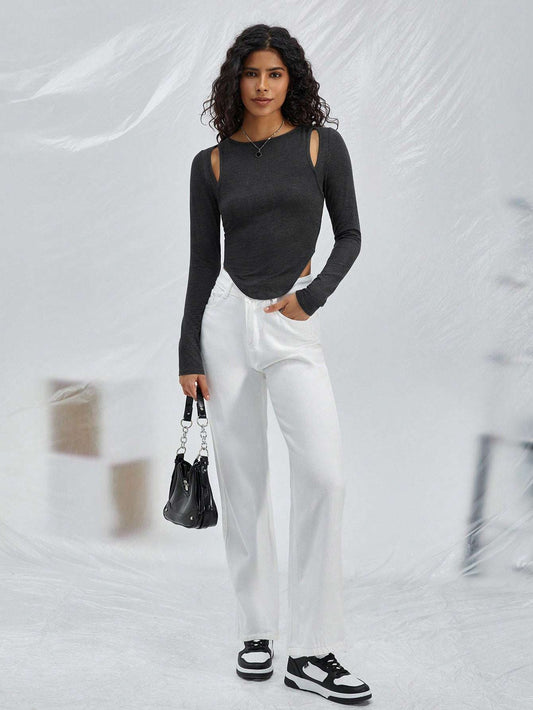 Chic Mystique Fashion Designer Cut Shirt Hollow Round Neck Knitted Long Sleeve Top.
