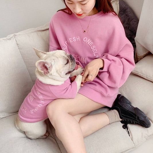 Embroidered Pet Duo: Matching Long-Sleeved T-Shirts.