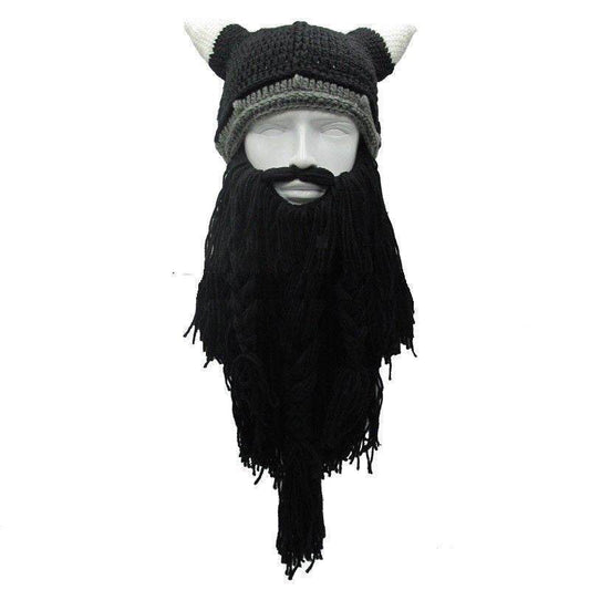 Viking Warrior's Beard: Men's Knitted Horn Hat Ski Mask.