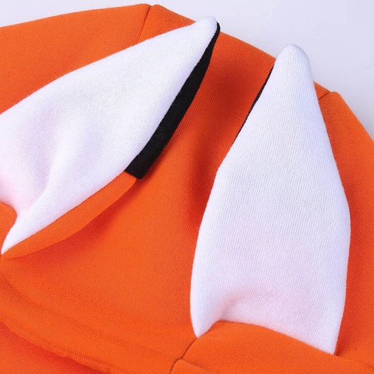 Fox Ears Hooded sweatshirt in orange fabric with oversized white pointed ears and black trim