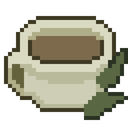 Pixel art coffee cup with a pale cream rim, brown coffee, and a dark olive-green handle in Digital Pixel Art style.