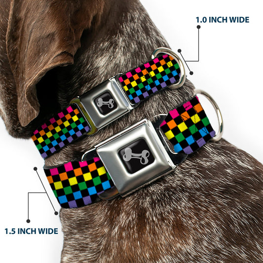 Dog Bone Seatbelt Buckle Collar - Checker Black/Neon Rainbow