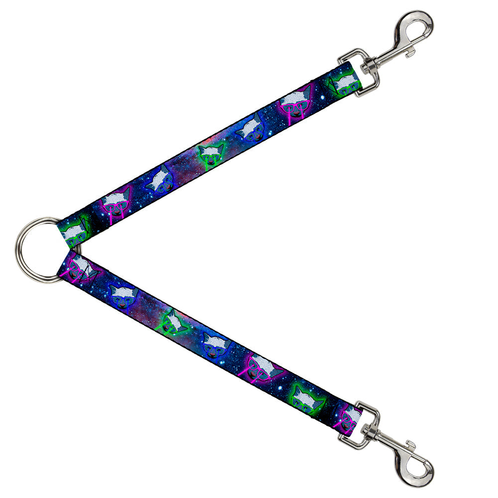 Dog Leash Splitter with blue polyester webbing, colorful laser-eyed cats among stars, and silver metal clips and ring.