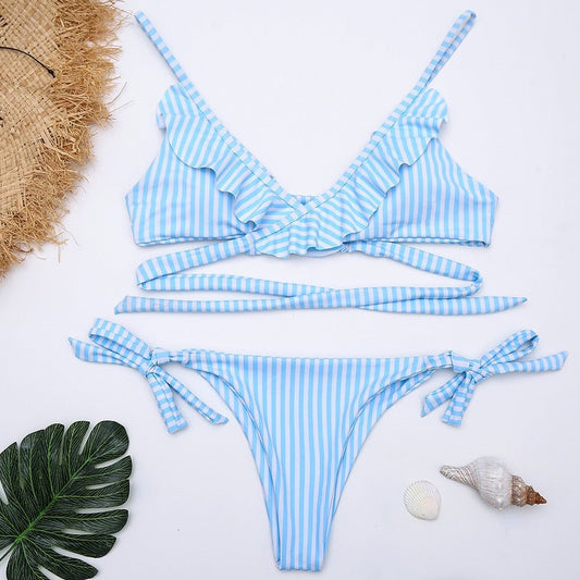 Ruffled Waves Cross Striped Bikini High Cut Swimsuit.