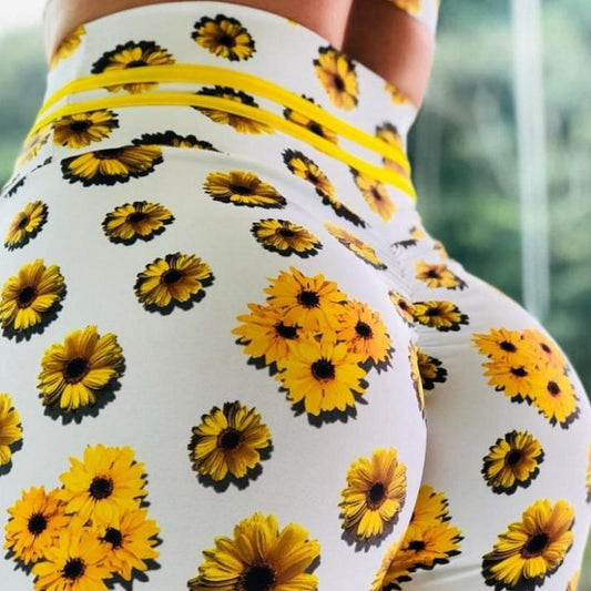 High Waist Breathable Workout Leggings Sunflower Design.