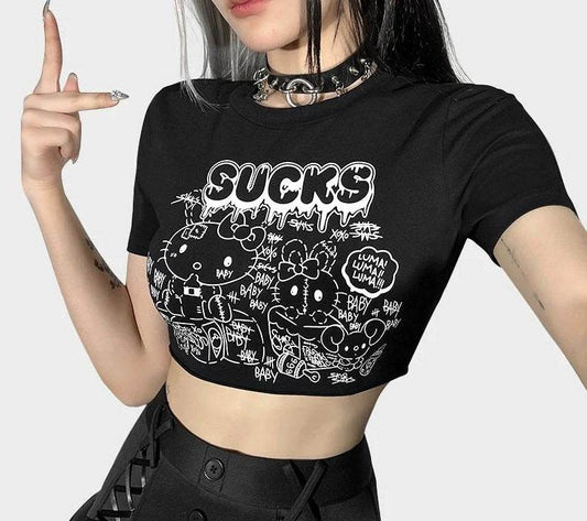 Gothic Cute Kitty Short Sleeve Shirt - Realm of Wonders