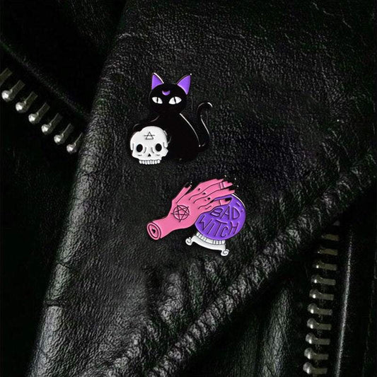 Bad Witch & Black Cat Skull Pin.