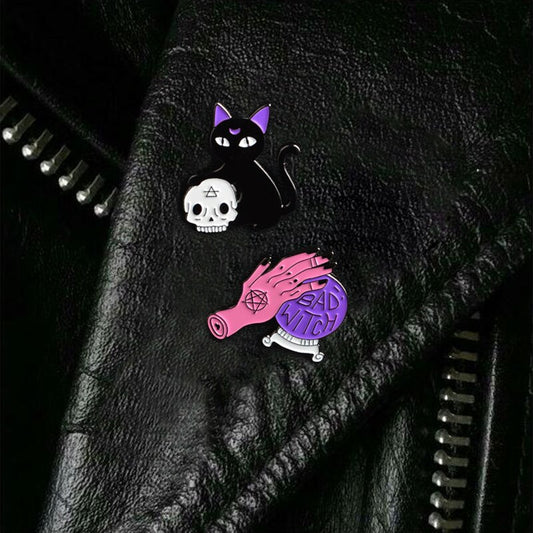 Bad Witch & Black Cat Skull Pin - Realm of Wonders