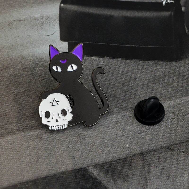Bad Witch & Black Cat Skull Pin.