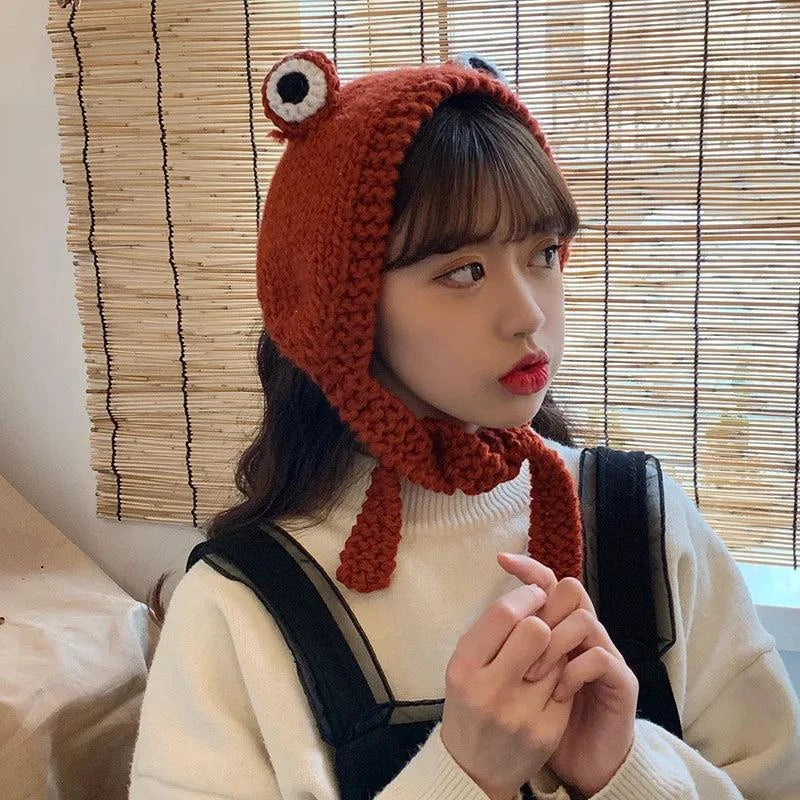 Ribbit Chic: Crochet Knitted Women's Frog Hood.