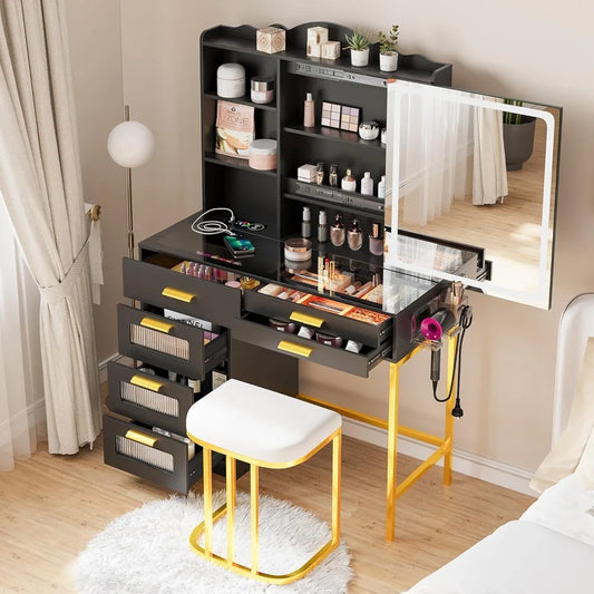 LED Vanity Desk with Sliding Mirror And Glass Top RGB Lighted Makeup Dresser with Chair Set Black Wood Finish 6-Drawer Dresser