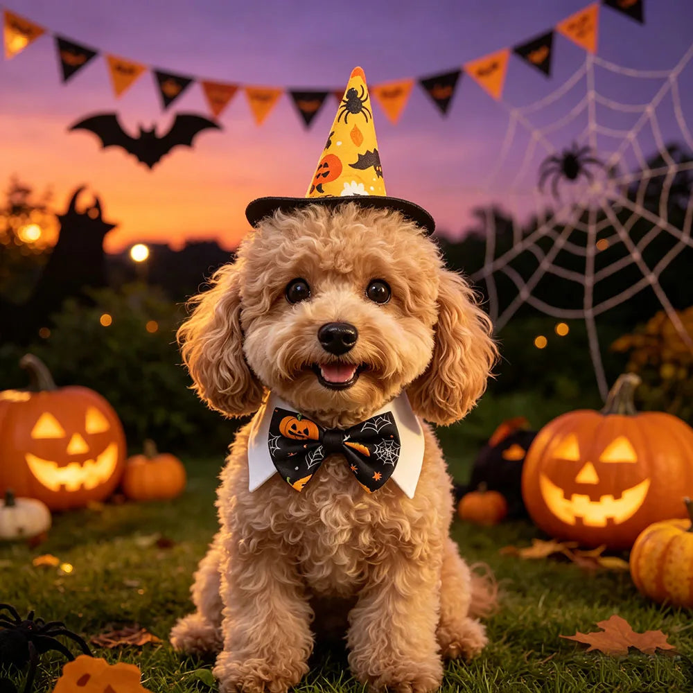Pet Halloween Costume Set - Pumpkin Spider Wizard Hat & Bow Tie Collar for Dogs Cats