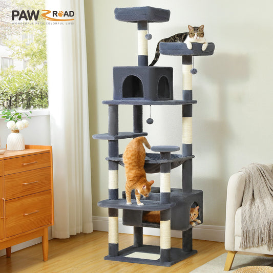 Large Cat Tree Tower with Hammock And Perches Sisal Scratching Posts Spacious Condos And Cat Toys for Indoor Cats Grey/Beige/Black