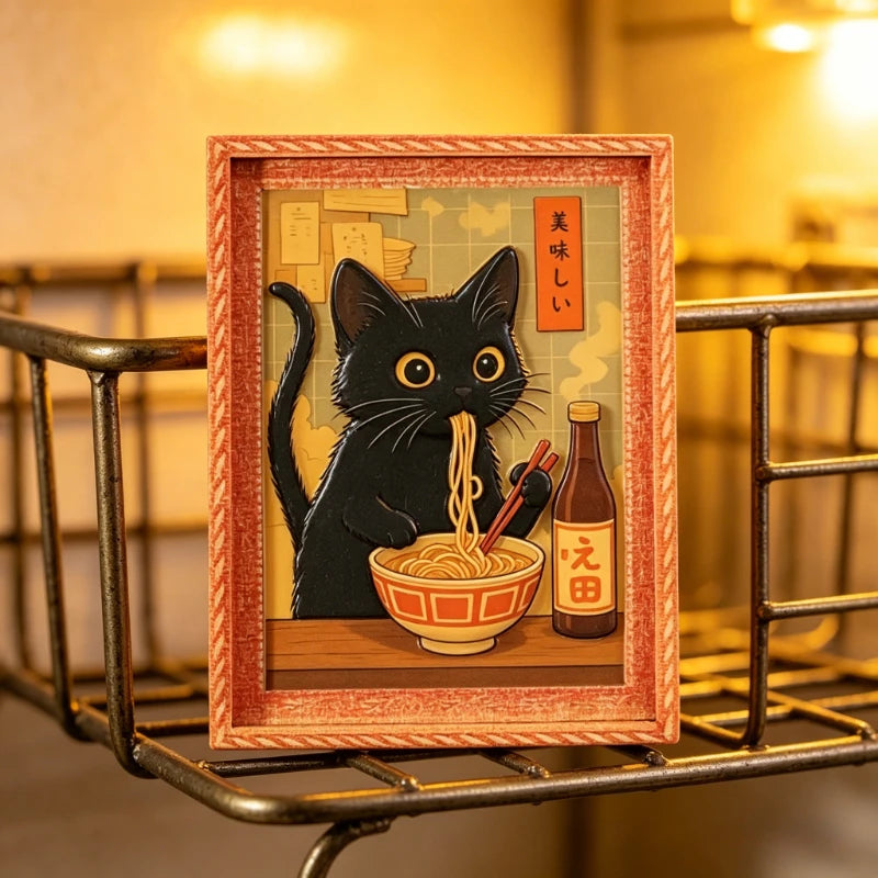 Mini Framed Black Cat Eating Ramen Fridge Magnet - Cute Japanese Cat Decor
