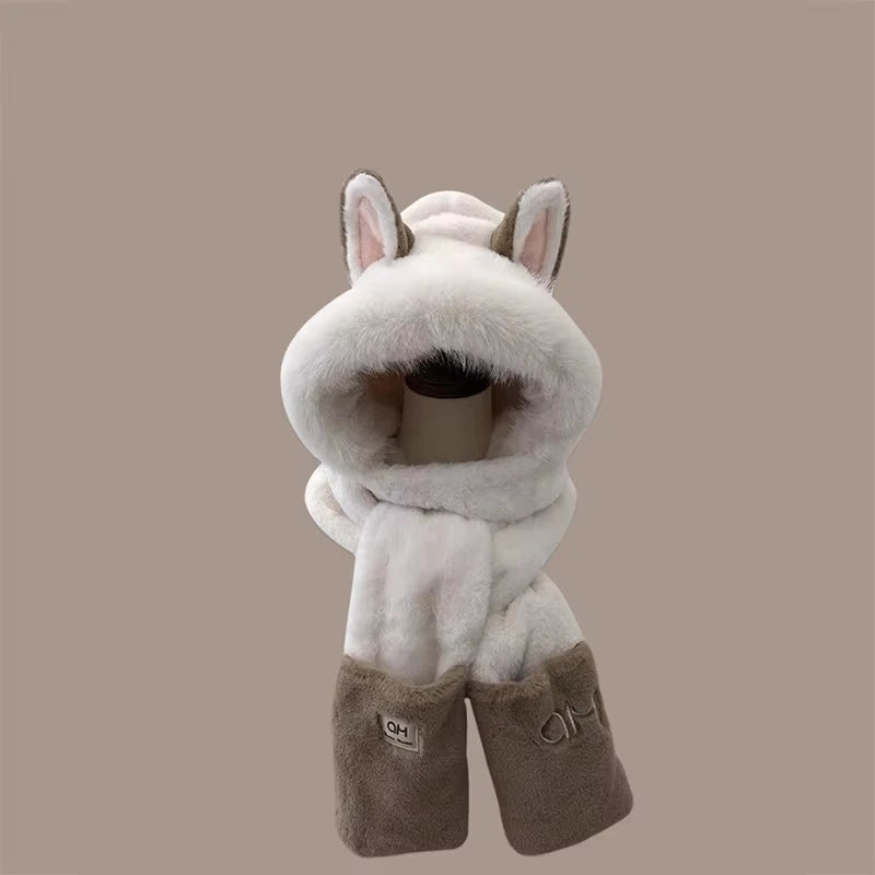 Fox Ear Plush Hat and Scarf Set - Warm Furry Winter Ear Protection Hood