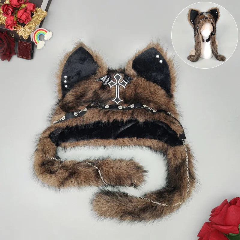 Gothic Plush Cross Metal Cat Ear Hat - Y2K Punk Winter Beanie