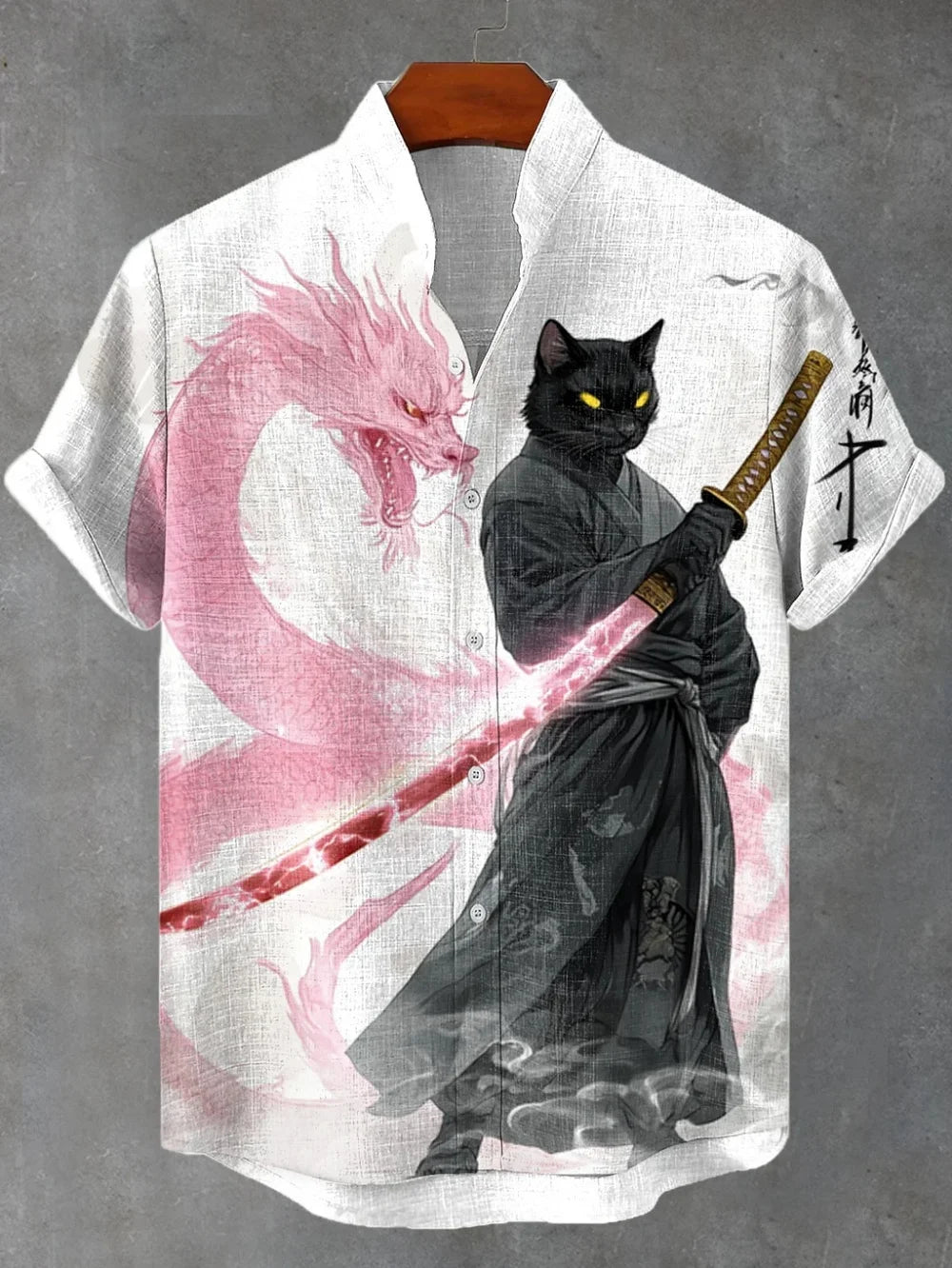 Men's Japanese Retro Black Cat Print Linen Shirt - Short Sleeve Stand Collar Casual Top