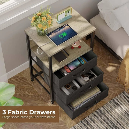 Dual-Function Nightstands with Charging Ports and LED Lights, Pair of 3-Drawer Bedside Tables with USB Charging