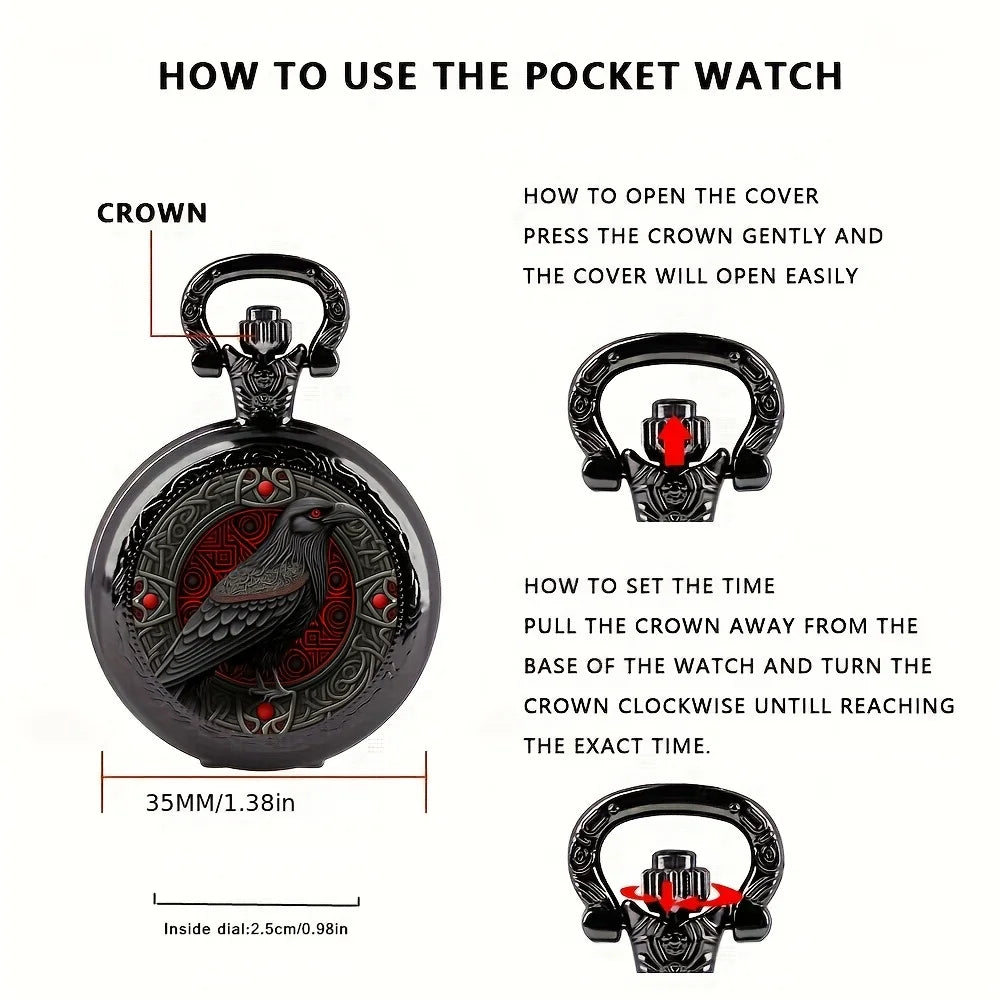 Gothic Black Raven Pocket Watch with Necklace Chain – Quartz Alloy Watch