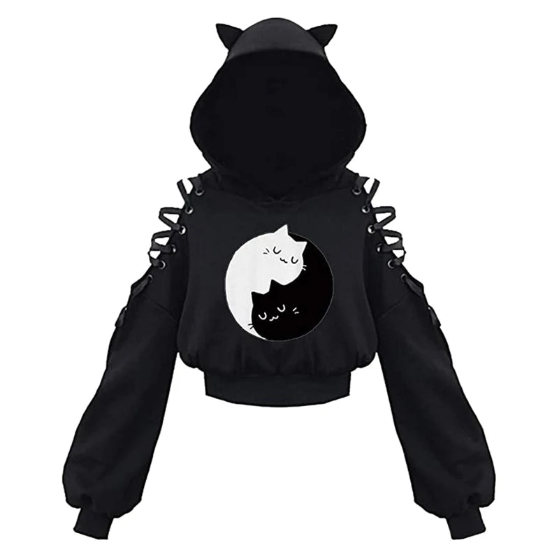 Y2K Gothic Cat Ear Crop Hoodie for Women - Hollow Out Lace-Up Long Sleeve Pullover