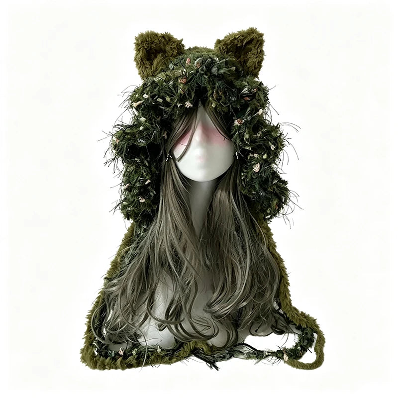 Handmade Crochet Moss Green Fox Ear Hat – Plush Floral Knit Goblincore Winter Hood