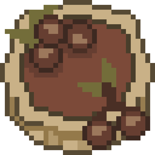 Digital Pixel Art cherry pie in chunky brown and tan pixel blocks, with a golden crust and dark filling.