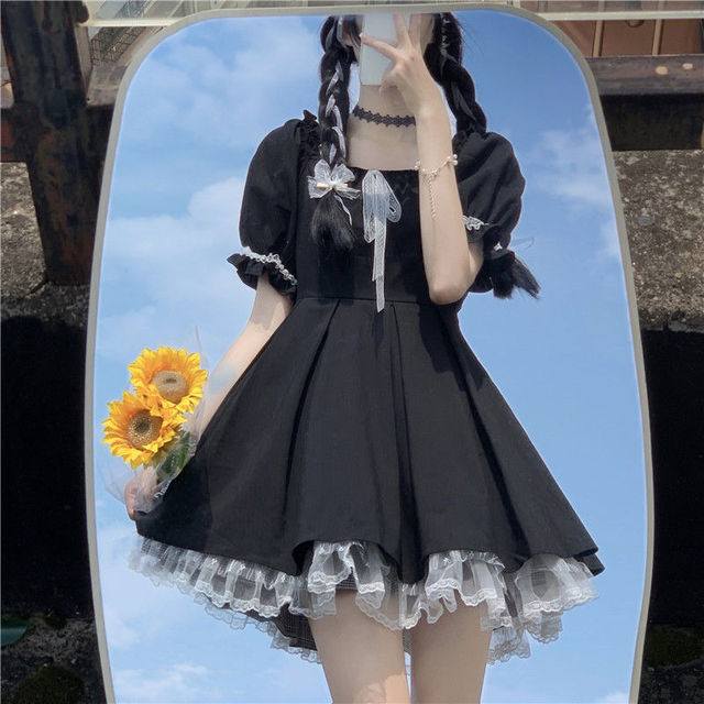 Lace Black Puff Sleeve Short Dress.