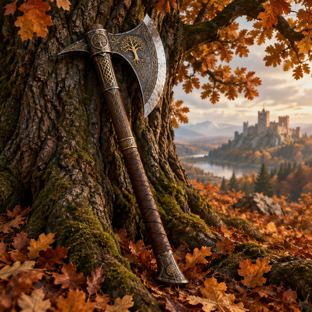 Autumn Battle Axe with an engraved silver-toned blade, ornate gold detailing, and a brown leather-wrapped wooden handle