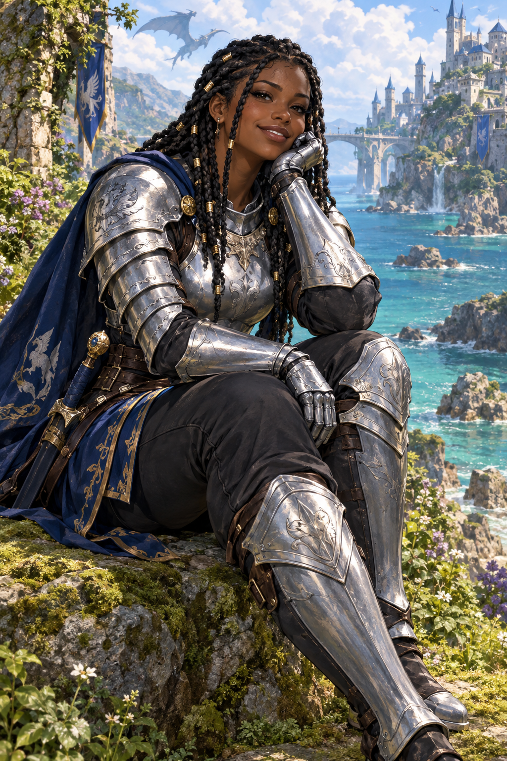 Coastal Knight portrait with a smiling woman in reflective silver plate armor, dark blue embroidered cape, and braided hair