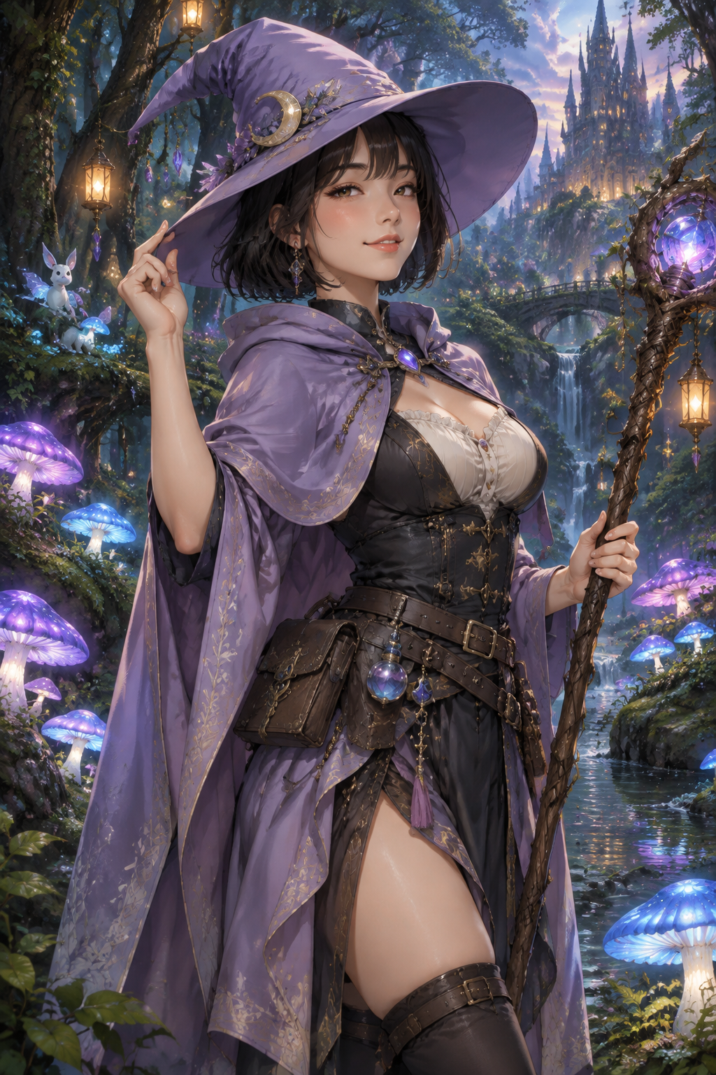 Enchanted Forest Witch fantasy digital art with a woman in a purple pointed hat and cape, holding a staff among glowing mushrooms.