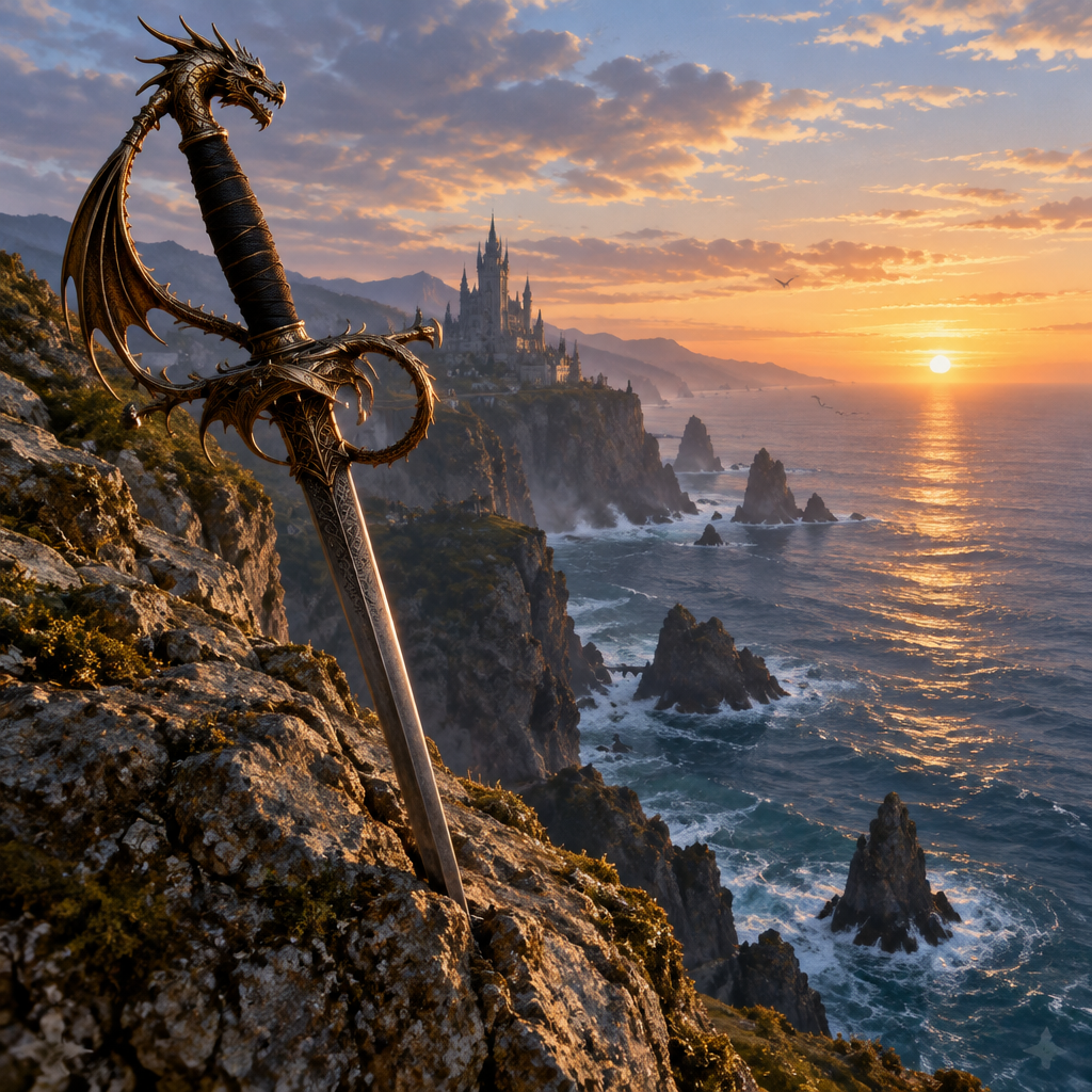 Dragon Rapier at Dawn digital art print featuring a bronze dragon-hilted rapier embedded in a rocky cliff.