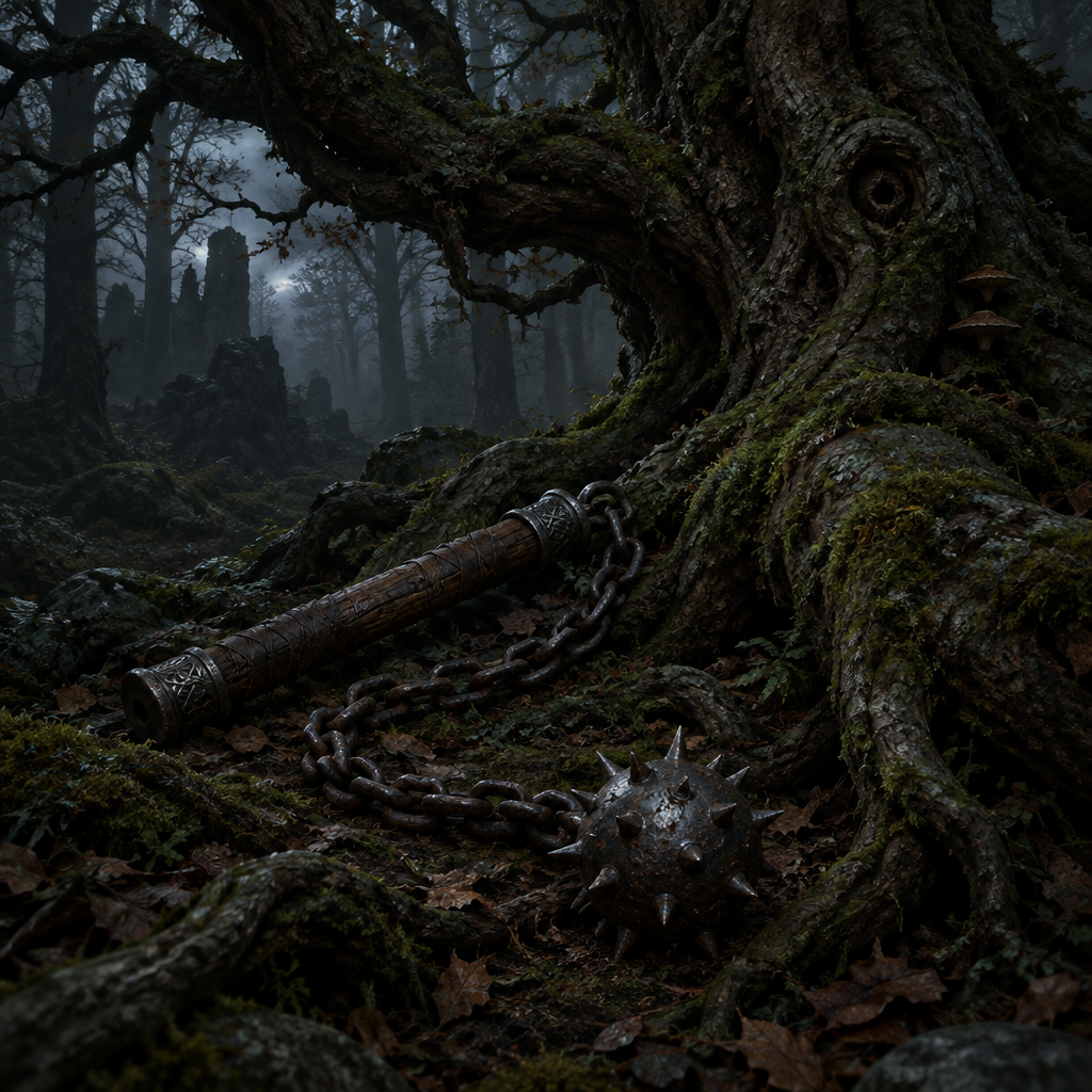 Flail Beneath the Twisted Tree digital art print, depicting a dark iron spiked flail with a long chain beside a mossy tree root.