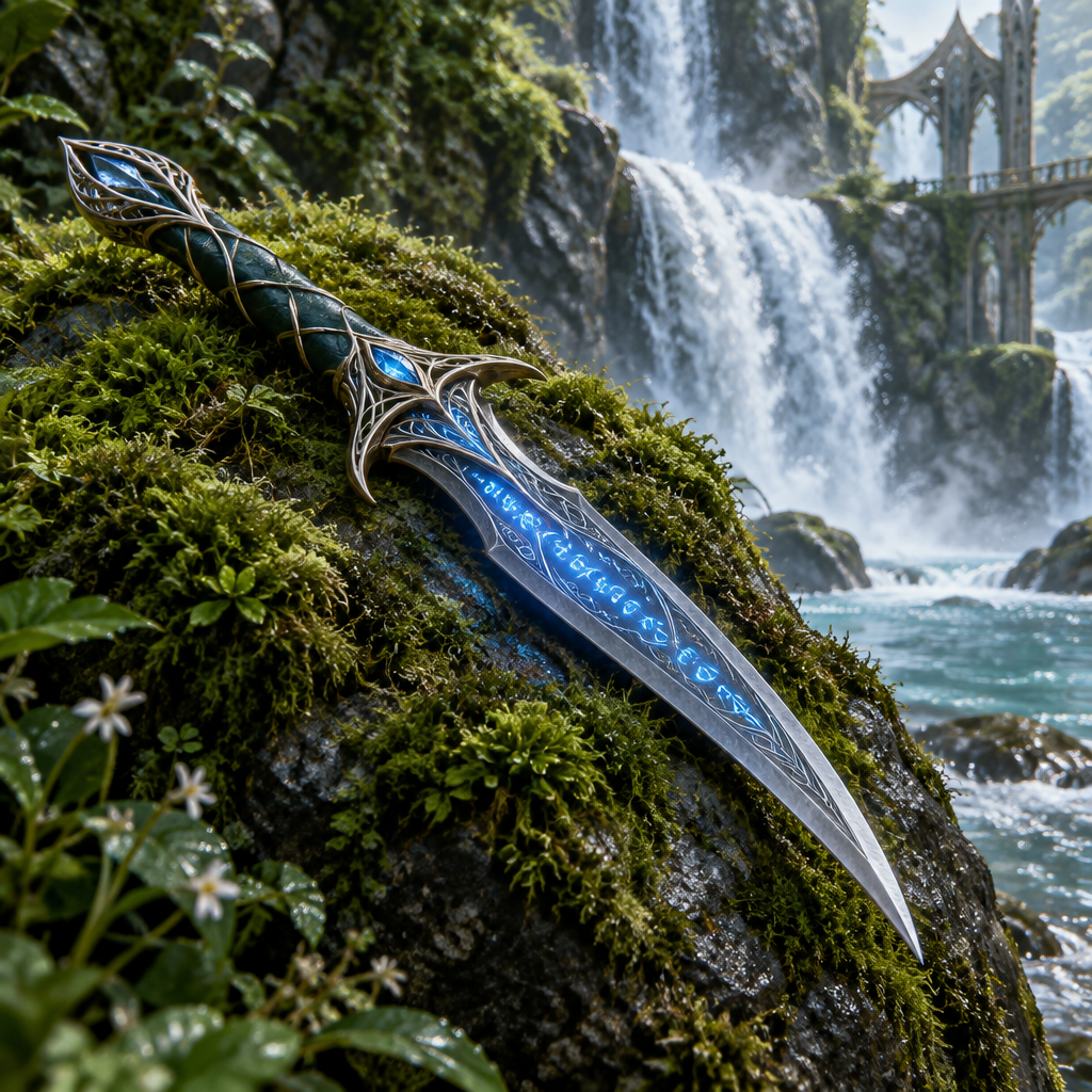 Elven Dagger by the waterfall, silver blade with a dark blue grip and glowing blue runes, resting on mossy rock.