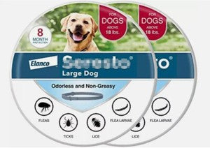 Seresto Large Dog Flea and tick collar packaging in blue and white, with a dog portrait and collar illustration