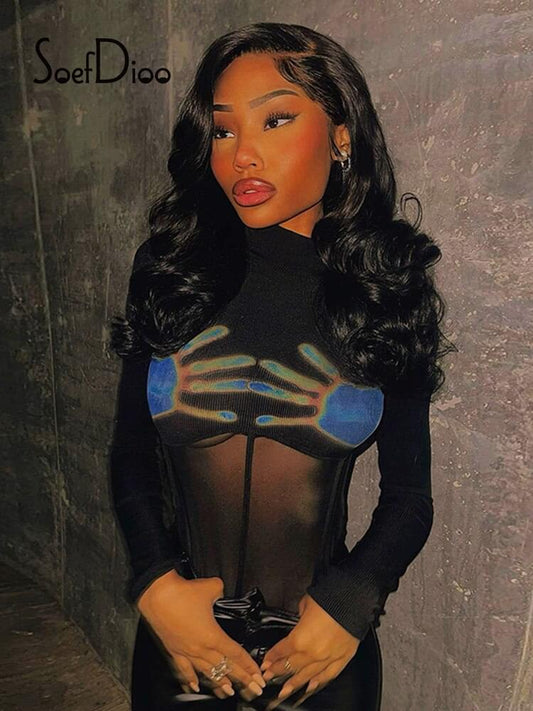 Translucent Black Long Sleeve Bodysuit.